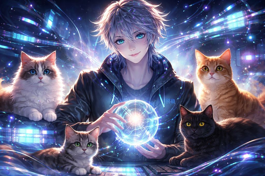 A young man with silver hair and blue eyes sits surrounded by four colorful cats, holding a glowing orb. The background features a cosmic design with vibrant lights and digital elements.