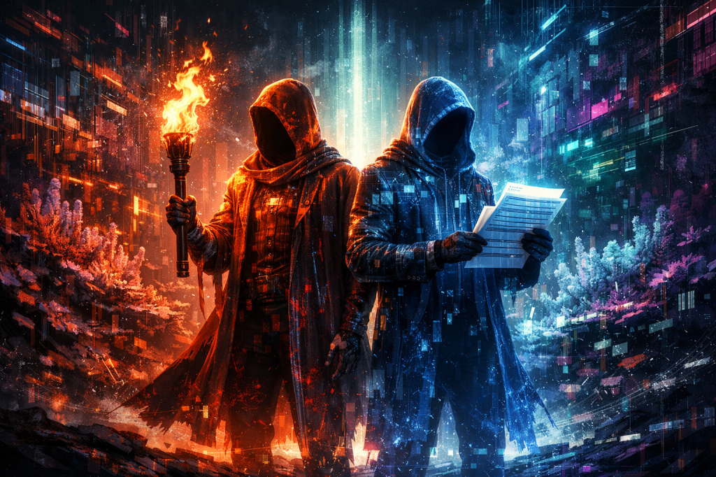 Two hooded figures standing against a vibrant, digital backdrop, one holding a torch and the other reading from a sheet of paper. The scene contrasts warm and cool colors, with abstract data-like elements in the background.