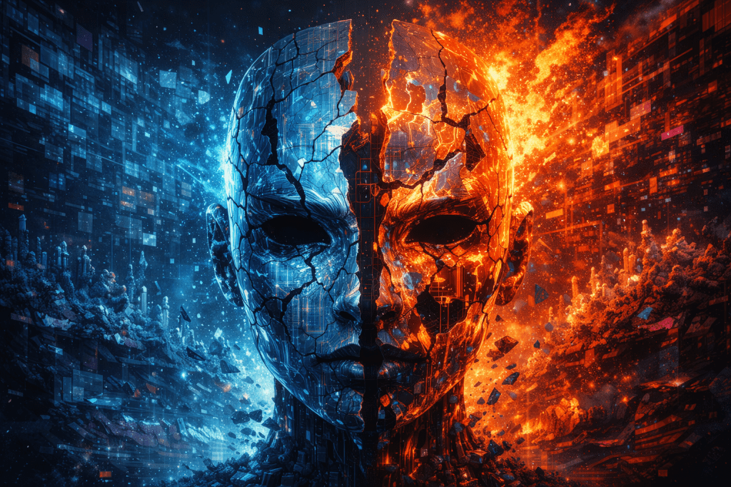 A digitally created face split in half, one side glowing blue and the other glowing red, with a cracked texture and a backdrop of abstract digital landscapes.