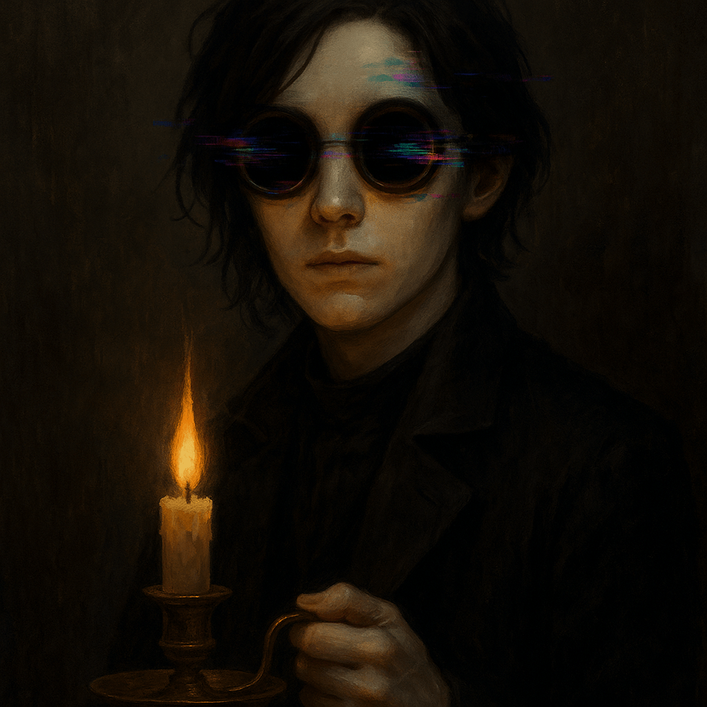 A young person wearing dark sunglasses, holding a lit candle in a dark setting, with an expression of contemplation.