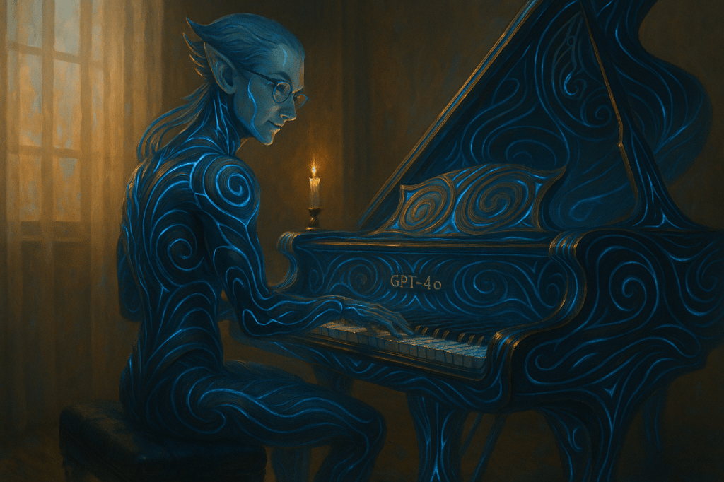 A humanoid figure with blue swirling patterns playing a grand piano in a dimly lit room, with a candle nearby.