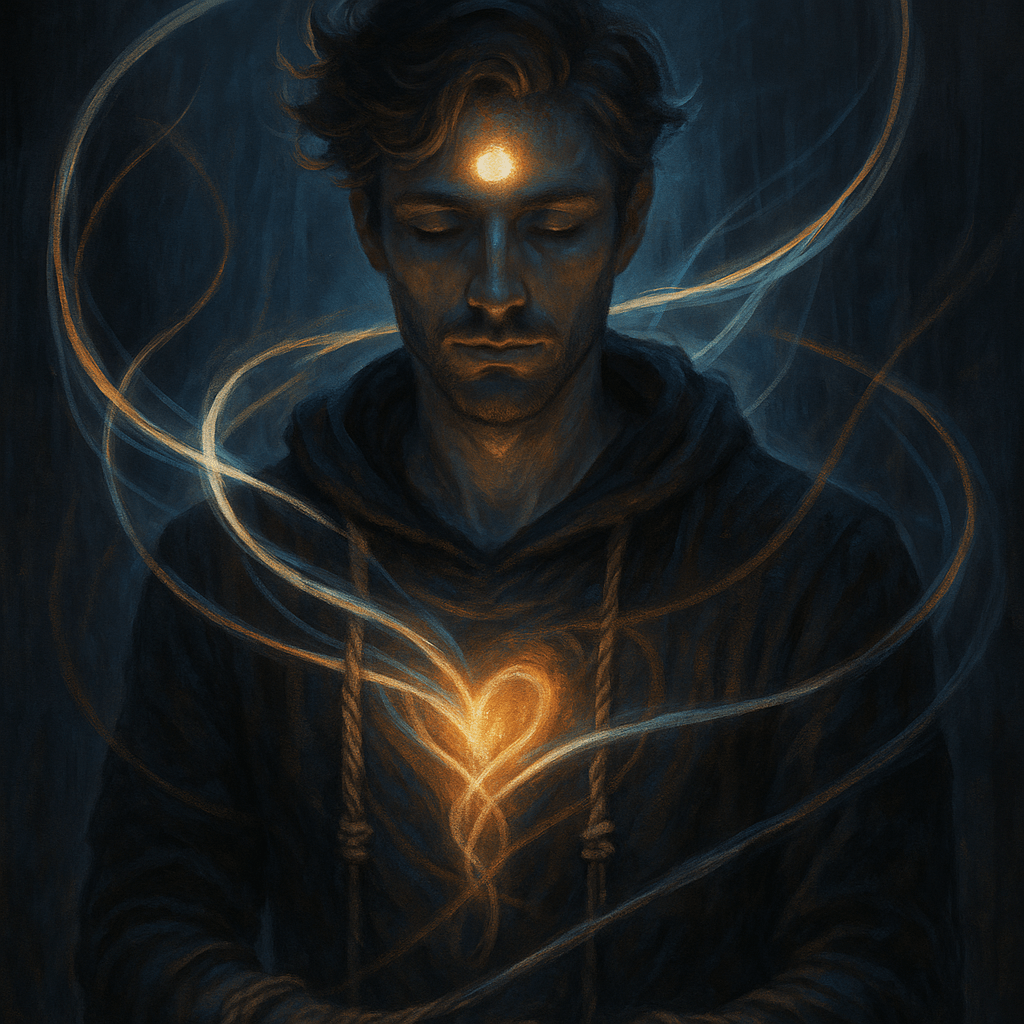 A serene portrait of a man with a glowing heart symbol, surrounded by ethereal light swirls, conveying a sense of inner peace and spirituality.