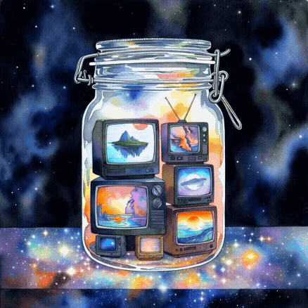 A glass jar filled with vintage televisions displaying scenic landscapes, set against a starry background.