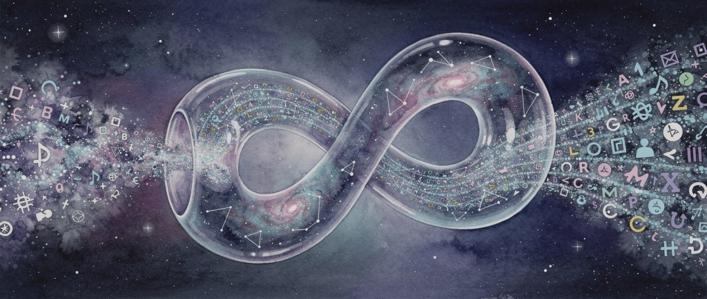 A stylized infinity symbol surrounded by a galaxy background, with streams of colorful icons, symbols, and code flowing from it, representing data and connectivity.
