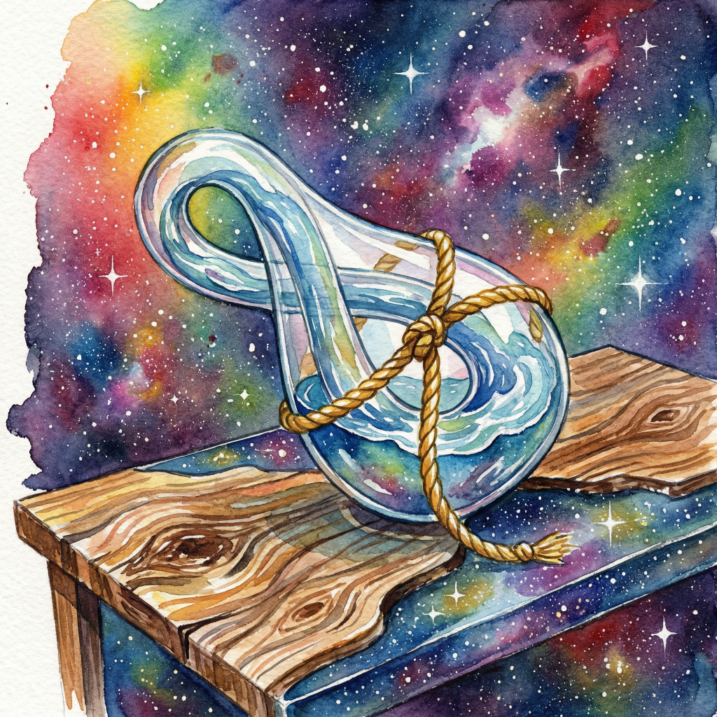 A clear glass vessel filled with swirling blue liquid, tied with a rope, sitting on a wooden table against a colorful galaxy background.