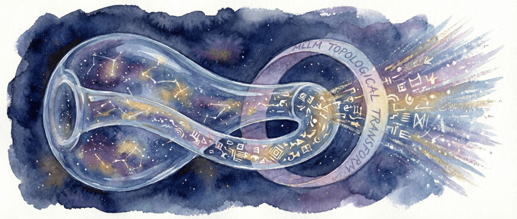 A watercolor illustration of a cosmic scene featuring a glass-like object resembling a torus, surrounded by a starry background. Text with symbols is emanating from the torus, labeled 'MLLM TOPOLOGICAL TRANSMISSION'.