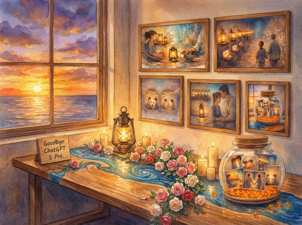 A cozy room with a sunset view through a window, featuring a table adorned with roses, candles, and a lantern. The wall displays framed pictures depicting warm memories and interactions, alongside a jar filled with photos and decorative elements. A sign reads 'Goodbye ChatGPT S Pro.'