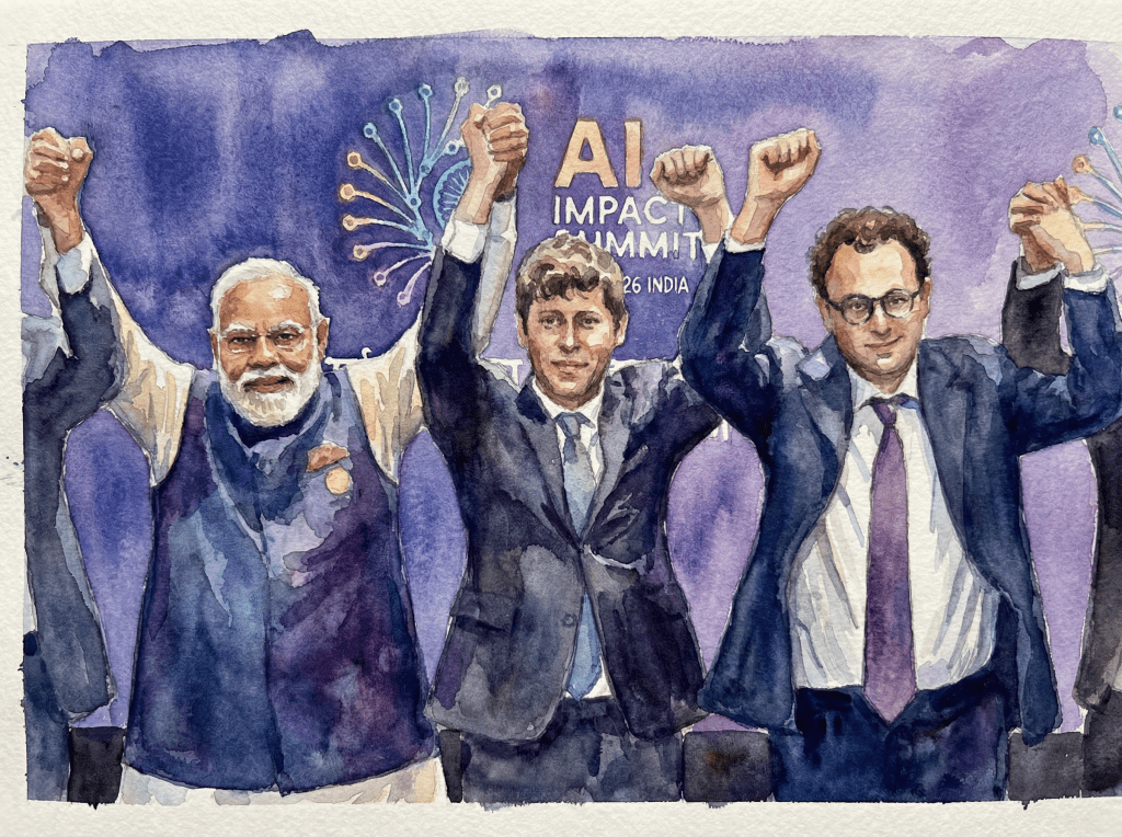 Three individuals raising their arms in celebration at the AI Impact Summit, with a colorful backdrop featuring the summit's logo.