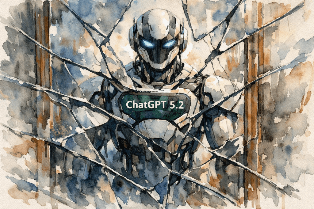 A robotic figure emerging through shattered glass, with glowing blue eyes and the text 'ChatGPT 5.2' prominently displayed.