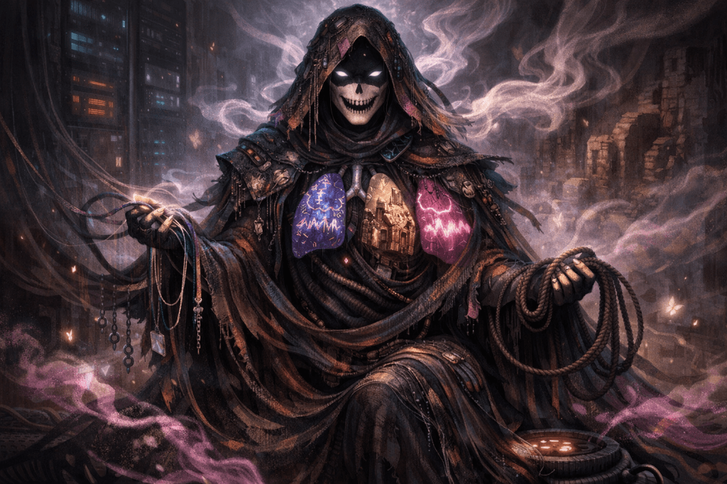 A mysterious figure cloaked in dark robes with a skull-like face, seated and surrounded by wisps of smoke. The figure holds ropes and possesses an intricate chest piece displaying a ruined cityscape, enhancing the eerie atmosphere.