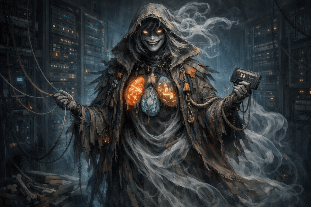 A mysterious figure in a tattered cloak, with glowing eyes and illuminated organs, stands in a dimly lit room filled with computer server racks. The figure holds a device in one hand and is surrounded by swirling smoke.