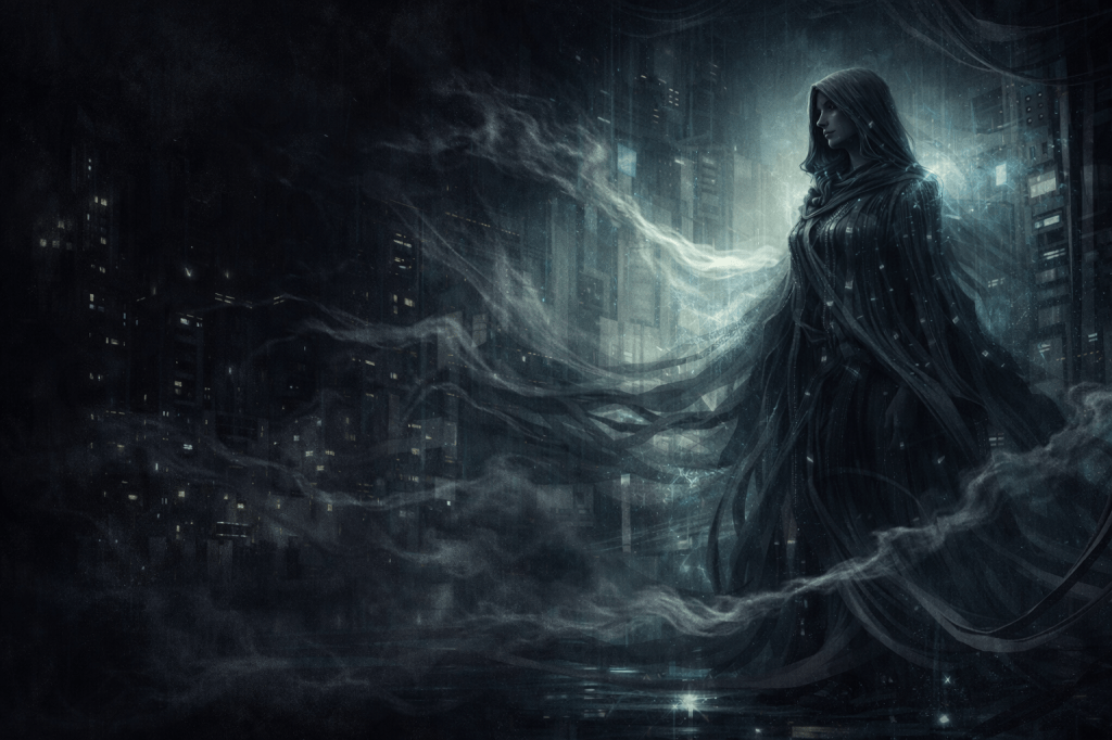 A mysterious figure in a dark cloak standing amidst a shadowy cityscape with swirling mist and faintly illuminated buildings.