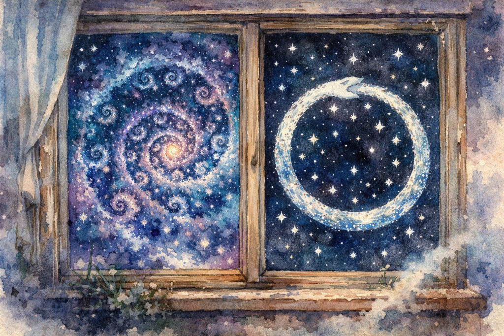 A watercolor painting of a window with a view of two contrasting cosmic scenes: a colorful spiral galaxy on the left and a circular pattern resembling an ouroboros on the right, both filled with stars.
