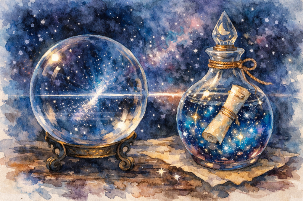 A watercolor illustration featuring a crystal ball and a potion bottle, both containing starry galaxies, set against a cosmic background with twinkling stars.