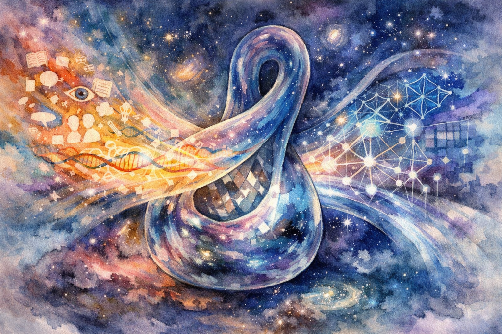 A watercolor illustration of a cosmic infinity symbol surrounded by vibrant colors and celestial elements, including icons representing knowledge, science, and technology, set against a starry background.