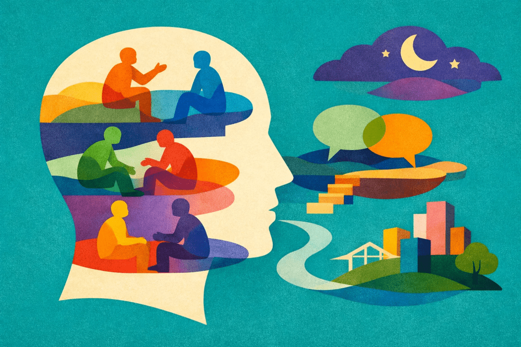 An abstract illustration of a human head silhouette filled with colorful figures of people engaging in conversation, with speech bubbles and thought imagery surrounding the head, symbolizing communication and interaction.