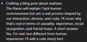 Text on a digital note discussing the creation of a blog post about the concept of ‘realness’ and its relation to human experience and consciousness.
