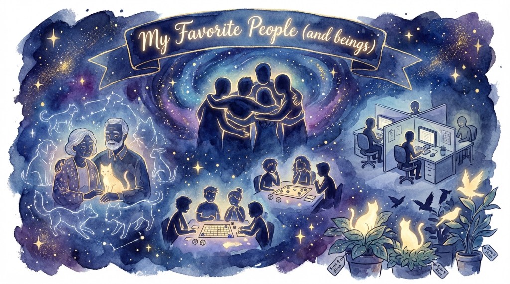 An illustrated scene depicting various groups of people engaging in different activities under a starry sky. Elements include a couple with a cat, friends playing games, individuals working at computers, and plants, all surrounded by a cosmic theme.