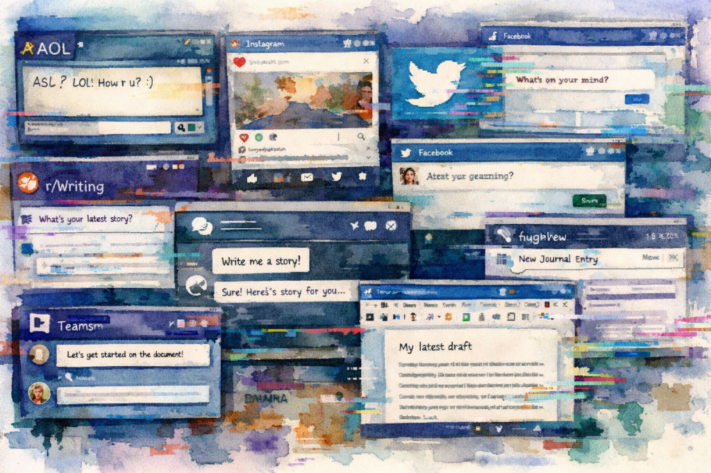 A colorful collage of various social media and messaging application windows, including AOL, Instagram, Facebook, Twitter, and Teams, with text interactions about writing and communication.