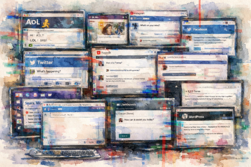 A collage of various social media and messaging platform windows including AOL, Twitter, Instagram, Facebook, and WordPress, displaying different chat interfaces and prompts.