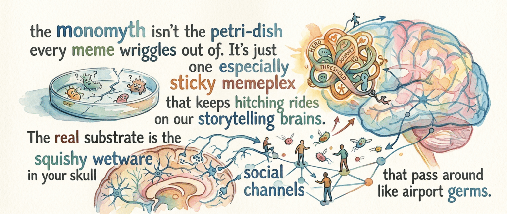 Illustration depicting a whimsical connection between the concept of monomyth, memes, and the human brain. Features a petri dish with microorganisms, a brain with labeled parts, and figures illustrating social channels. Emphasizes the idea of storytelling and the transmission of ideas.