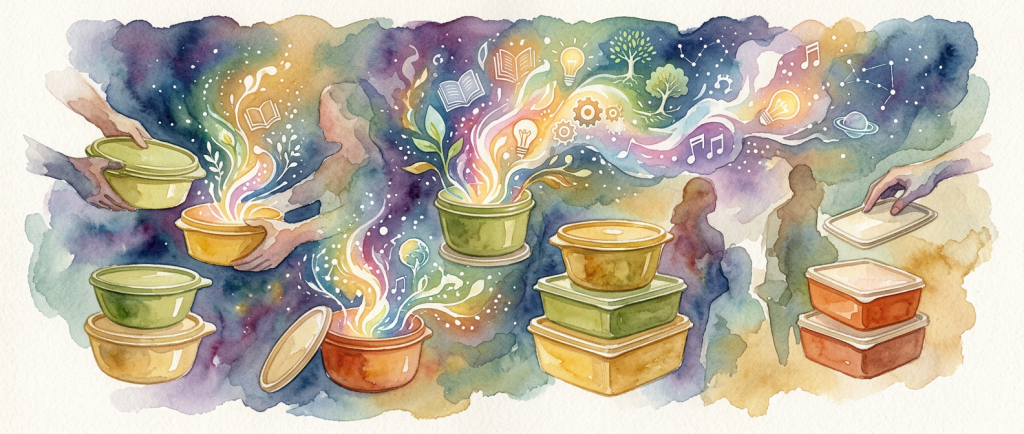 A watercolor illustration depicting hands interacting with colorful containers that emit swirling patterns of light and icons representing knowledge, creativity, and ideas, set against a dreamy background.