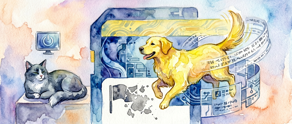 A watercolor illustration of a calm gray cat sitting on a pedestal while a joyful golden retriever runs playfully nearby, surrounded by abstract technology and circuit designs.