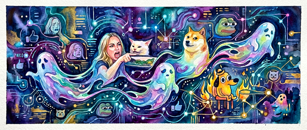 A whimsical watercolor illustration featuring a woman shouting while holding a plate, surrounded by colorful ghosts, animals like a cat and a dog, and various digital symbols and characters, including memes.
