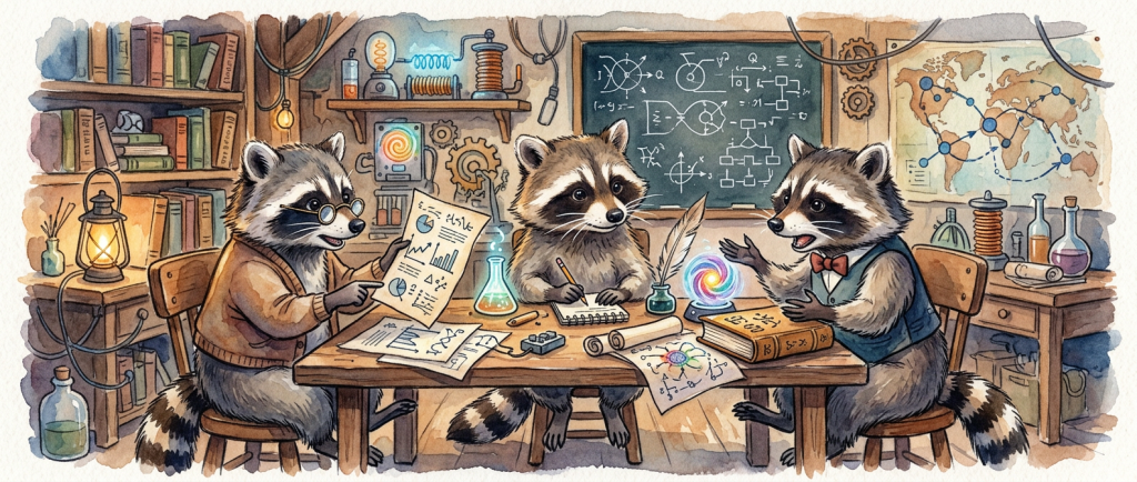 Three raccoons in a science lab setting, discussing research at a wooden table filled with papers, books, and laboratory equipment, with a blackboard of scientific equations and diagrams in the background.