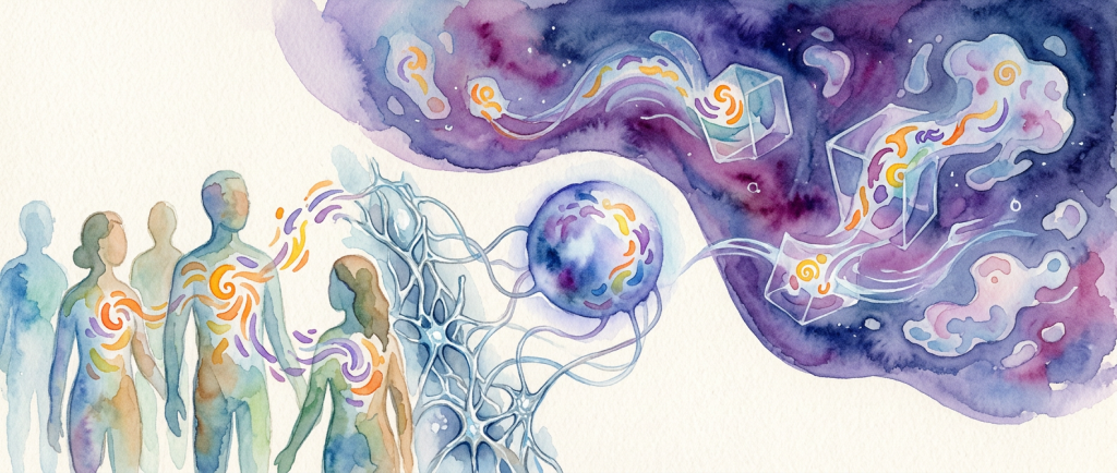 An abstract watercolor illustration depicting human figures connected by swirling energy patterns, with a cosmic background filled with colorful swirls and shapes.