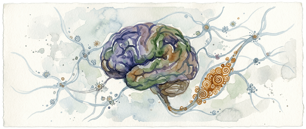 A watercolor illustration of a brain surrounded by neural connections and abstract elements, featuring various colors and organic shapes.