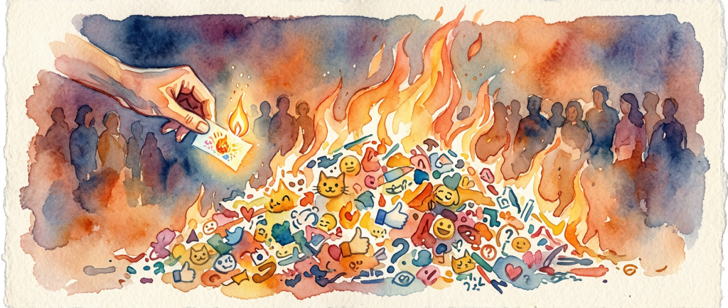A watercolor illustration depicting a hand throwing a piece of paper into a vibrant fire, surrounded by social media icons and emojis, with shadowy figures watching in the background.
