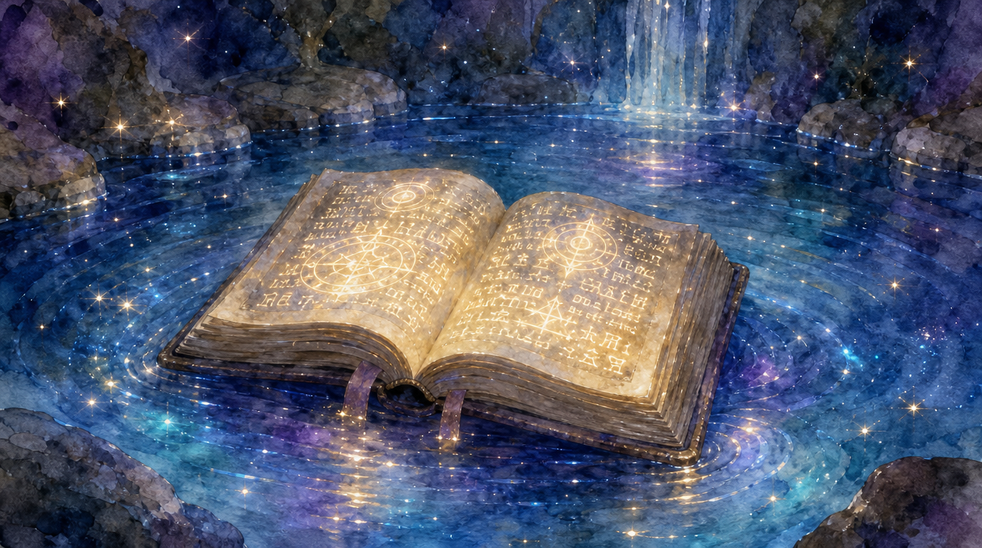 A book open with glowing runes in a pool of conscious starlight. Watercolor painting.