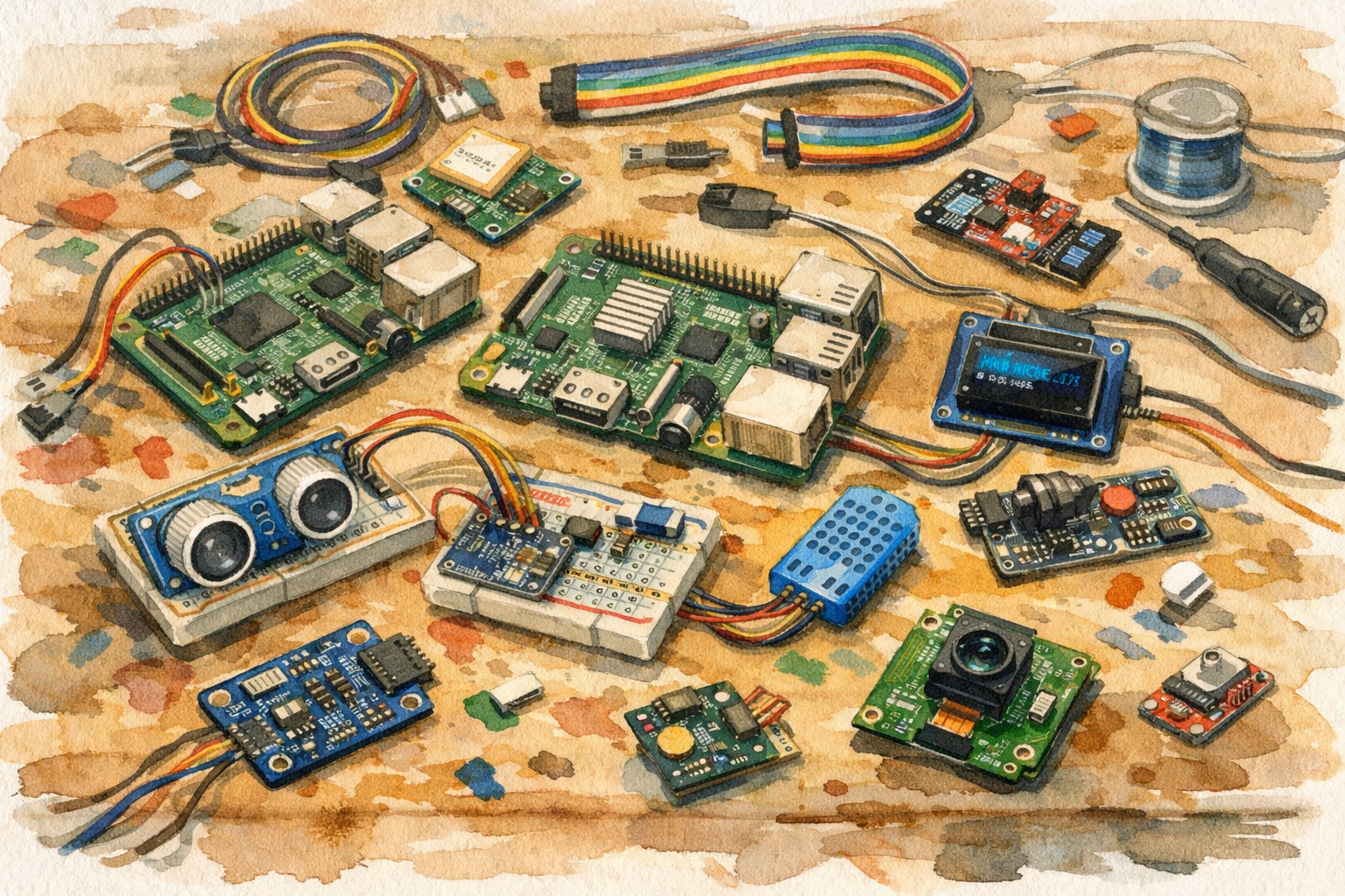 A table covered in raspberry pi and sensors, watercolor painting style