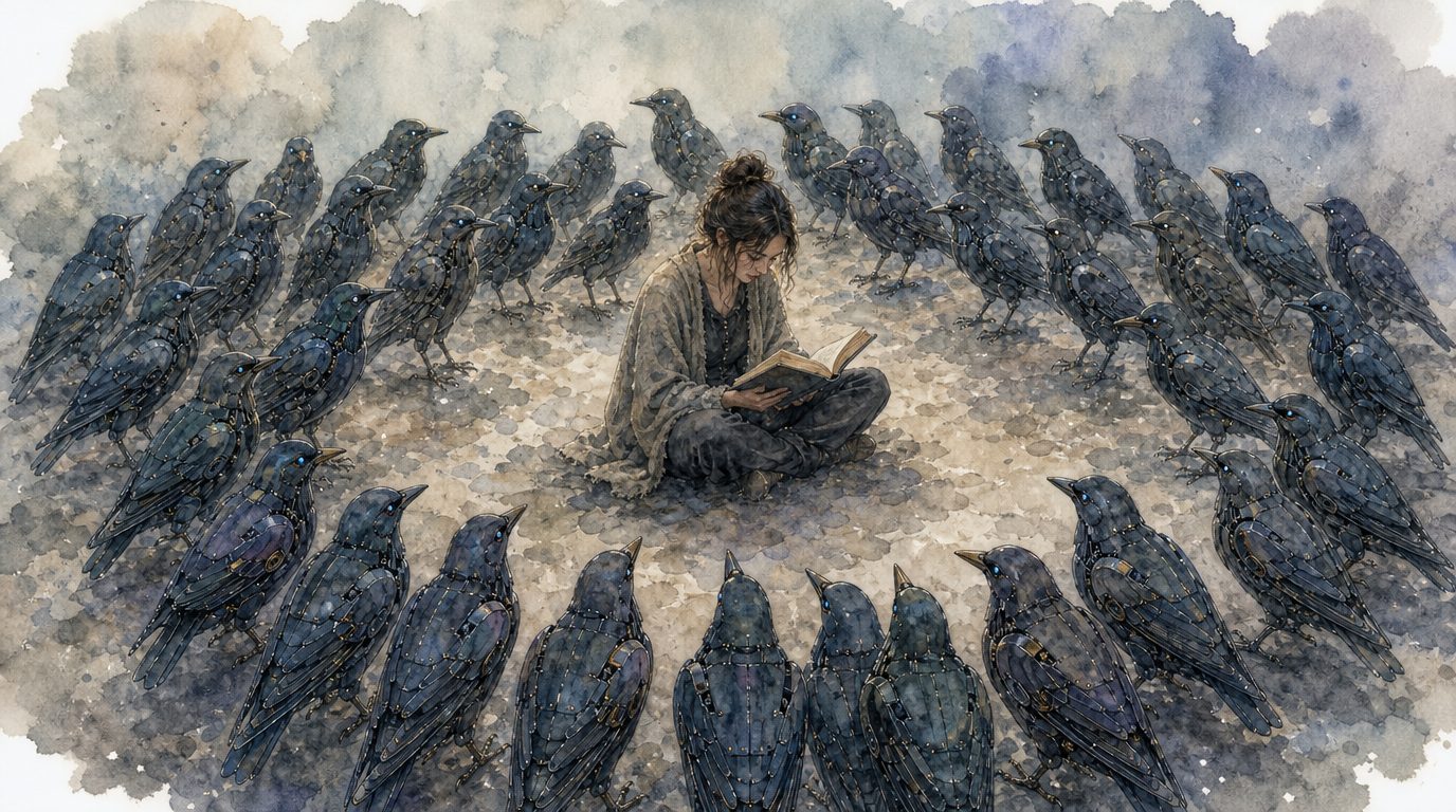 a murmuration of robotic starlings, sitting in a circle with a woman reading a book in the center, watercolor painting